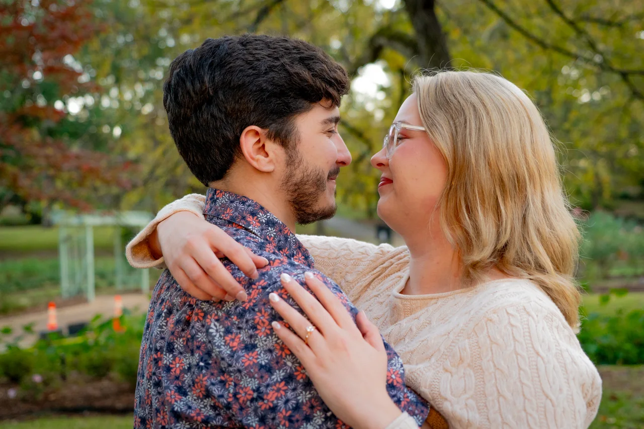 A couple embracing in a garden